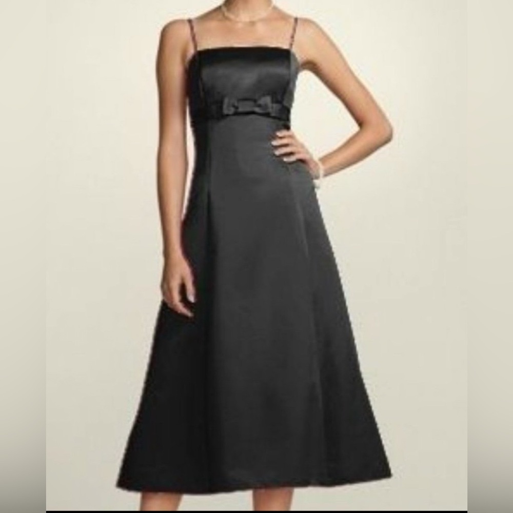 David's Bridal Black Satin Form Dress with Bow Like-New